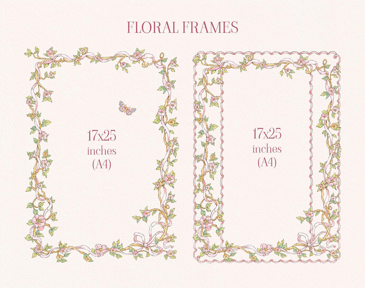 Two vertical Little Bear Girl floral frames with pink bows and trailing blossoms, labeled with their dimensions.