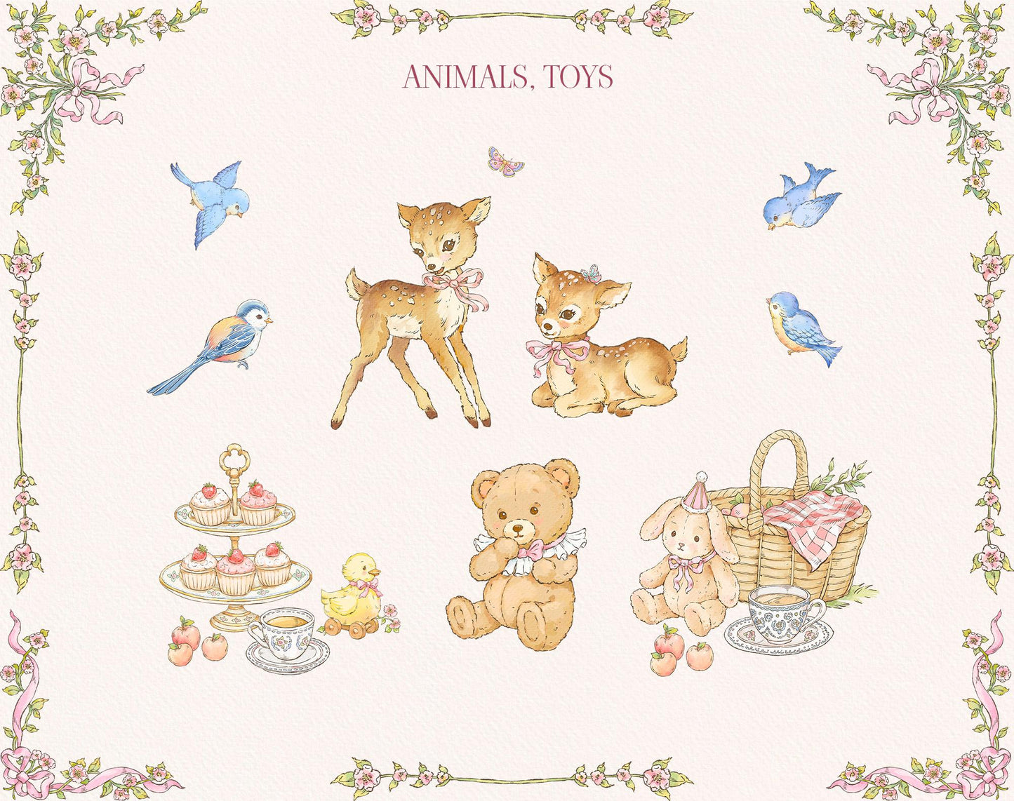 Little Bear Girl watercolor animal and toy illustrations with a teddy bear, bunny, young deer, birds, tea set, and picnic basket.