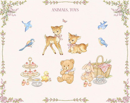 Little Bear Girl watercolor animal and toy illustrations with a teddy bear, bunny, young deer, birds, tea set, and picnic basket.