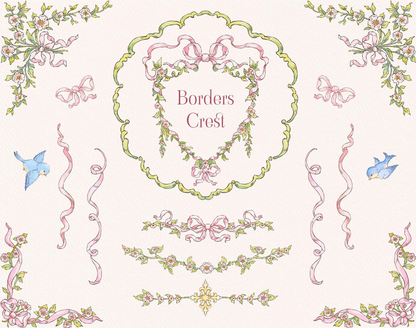Little Bear Girl decorative borders and crest with floral garlands, pink bows, blue birds, and ribbon details.
