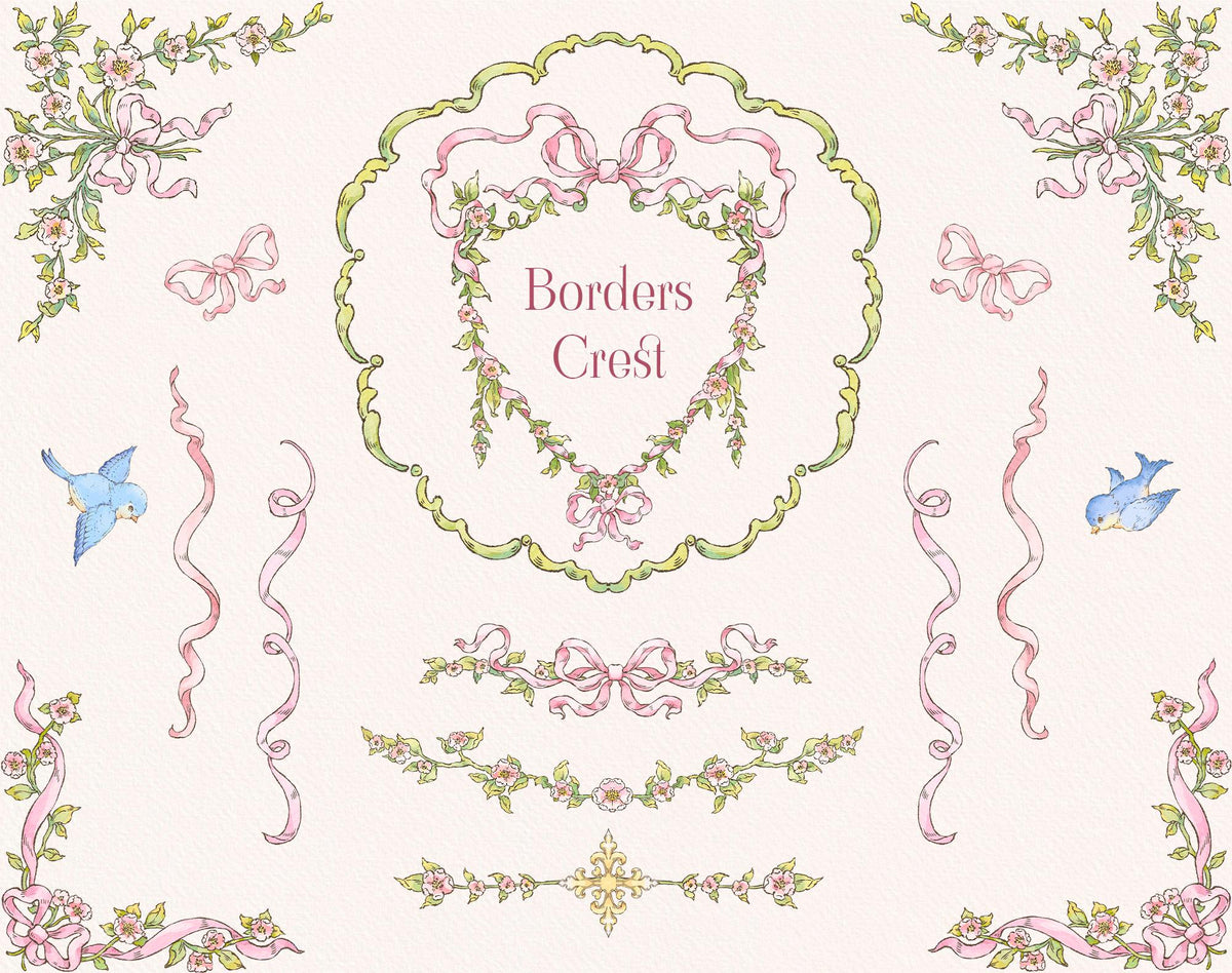 Little Bear Girl decorative borders and crest with floral garlands, pink bows, blue birds, and ribbon details.
