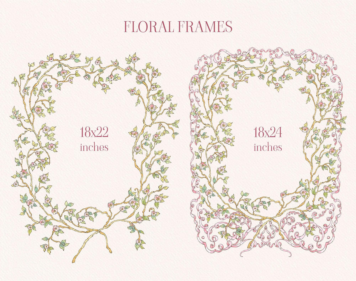 Two large floral frames from the Little Bear Girl collection, one circular and one rectangular with a prominent pink bow.