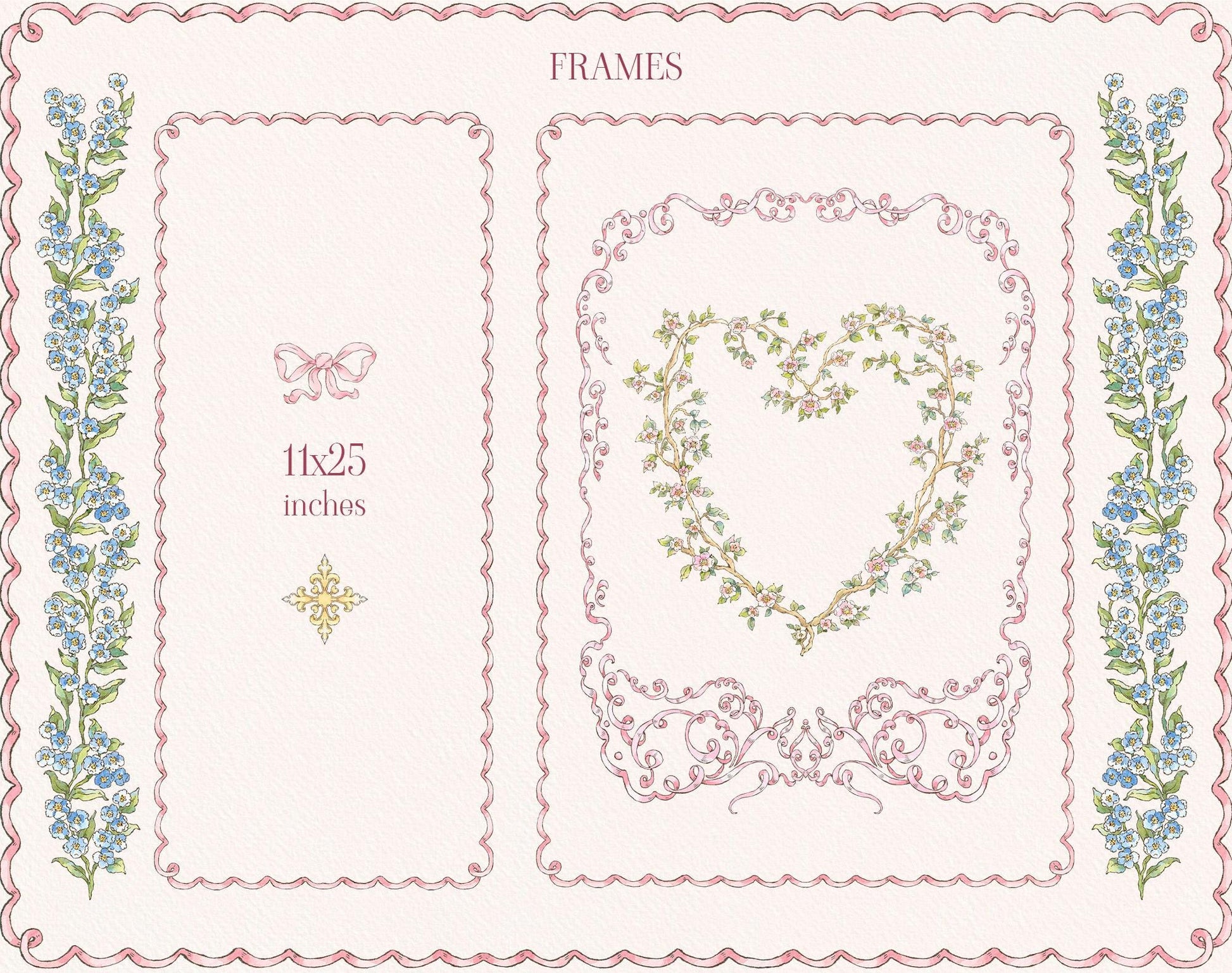 Little Bear Girl vertical and square frames with scalloped pink edges, blue flowers, a floral heart, and bow motifs.
