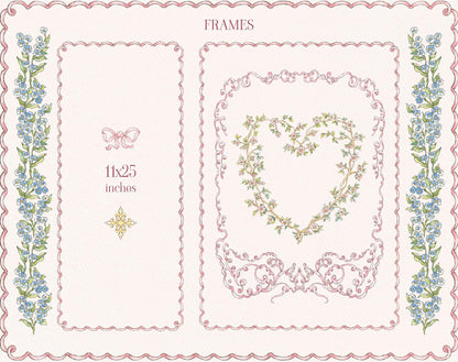 Little Bear Girl vertical and square frames with scalloped pink edges, blue flowers, a floral heart, and bow motifs.
