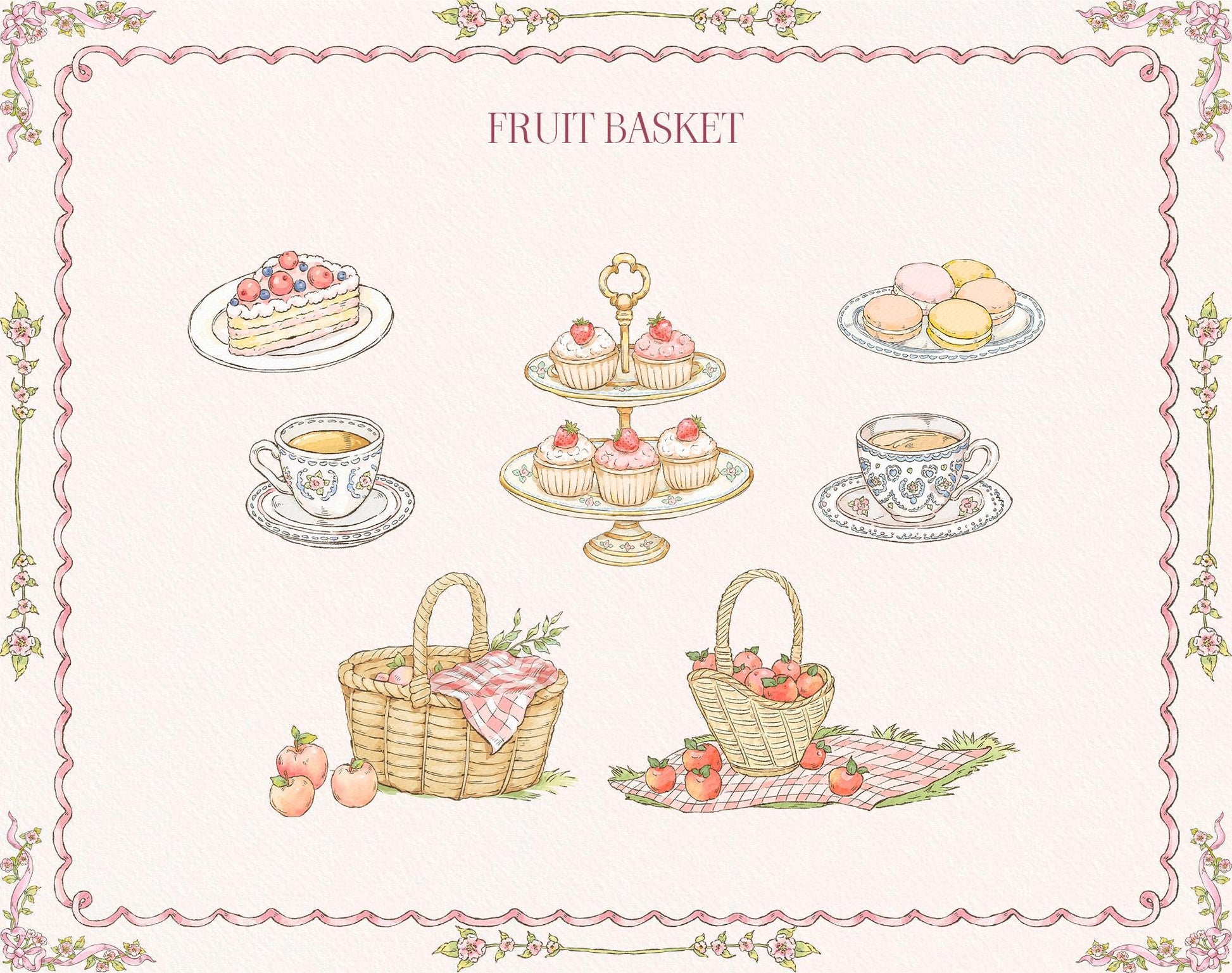Little Bear Girl tea-party clipart with cakes, macarons, teacups, tiered desserts, and fruit-filled picnic baskets.