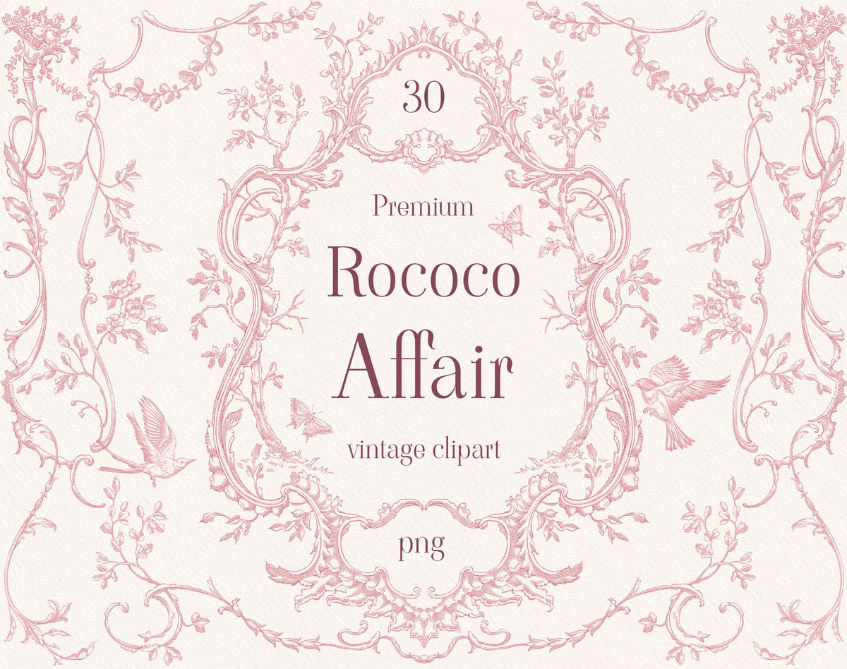 Rococo Affair vintage clipart cover with a pink ornate floral frame, birds, and decorative scrollwork.