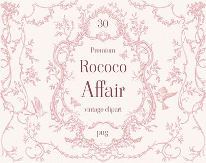 Rococo Affair vintage clipart cover with a pink ornate floral frame, birds, and decorative scrollwork.