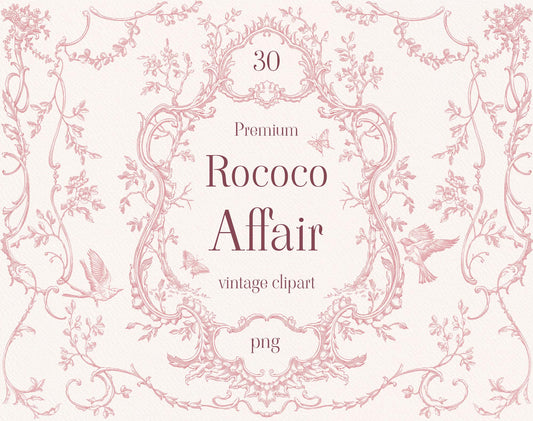 Rococo Affair vintage clipart cover with a pink ornate floral frame, birds, and decorative scrollwork.