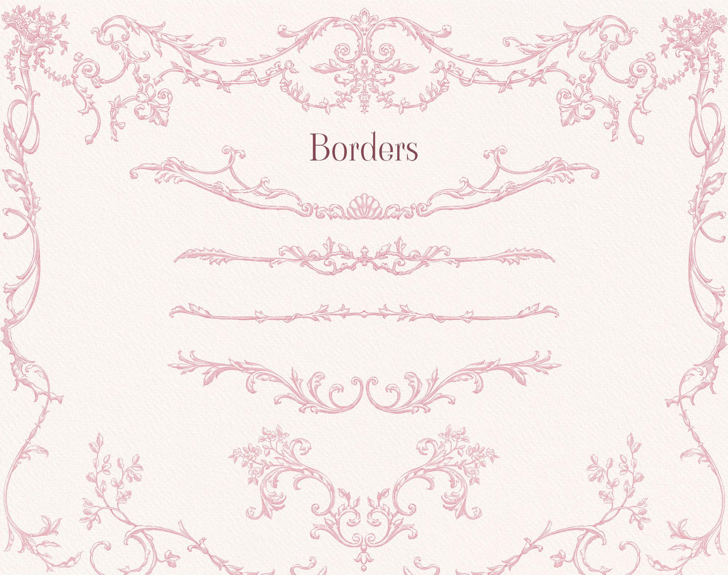 Selection of delicate pink floral and scrolling Rococo border designs.