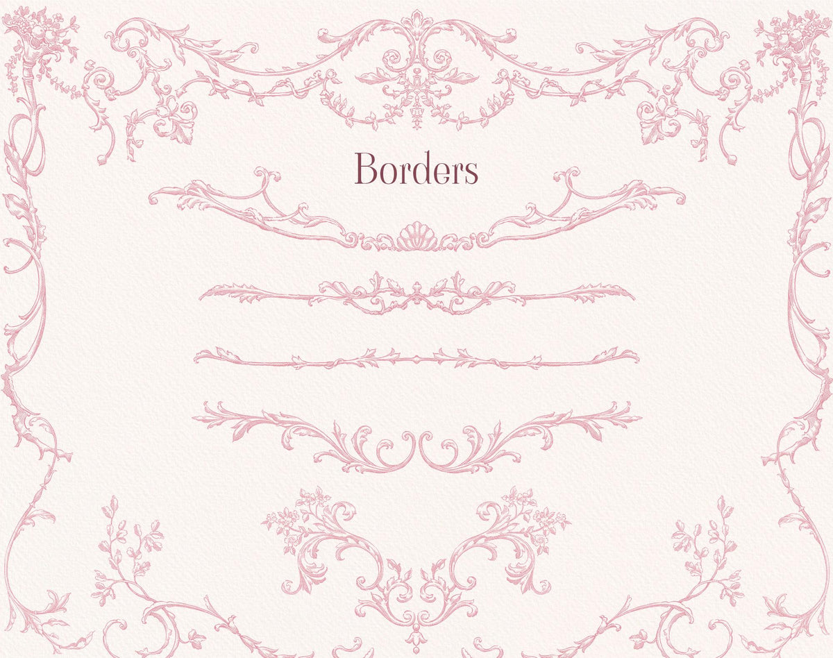 Selection of delicate pink floral and scrolling Rococo border designs.
