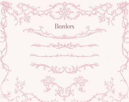 Selection of delicate pink floral and scrolling Rococo border designs.
