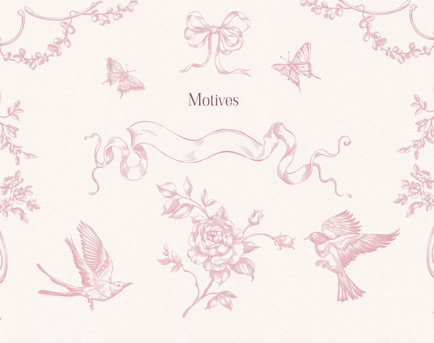 Pink Rococo motifs including a bow, butterflies, ribbon banner, flower, and flying birds.