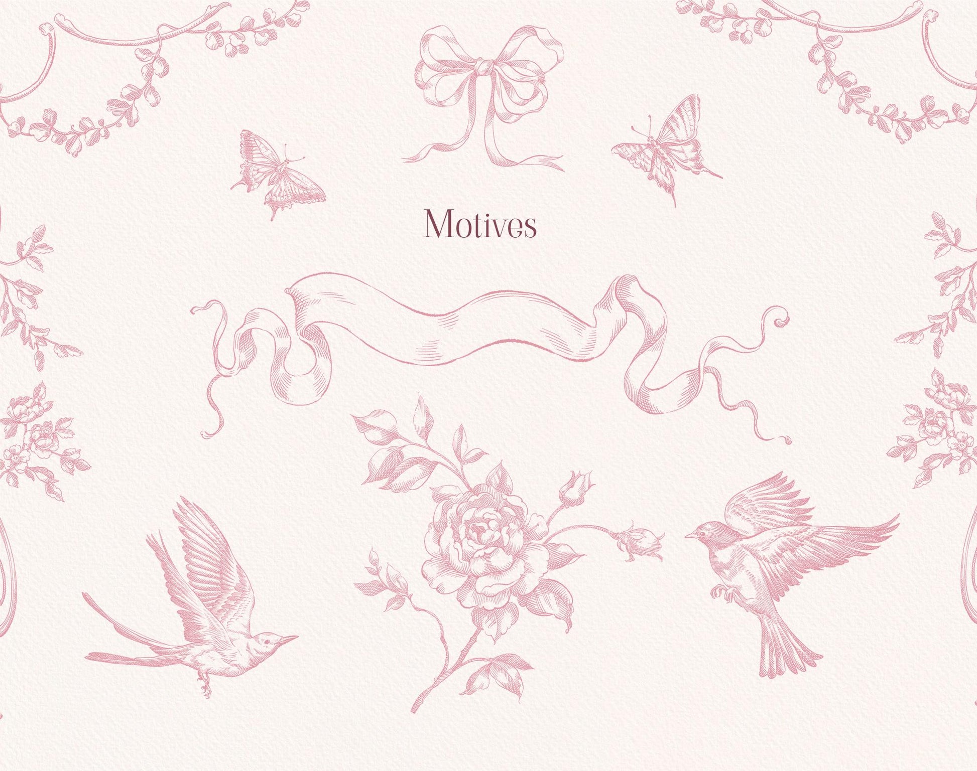 Pink Rococo motifs including a bow, butterflies, ribbon banner, flower, and flying birds.
