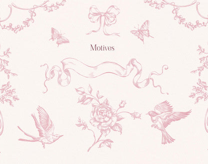 Pink Rococo motifs including a bow, butterflies, ribbon banner, flower, and flying birds.