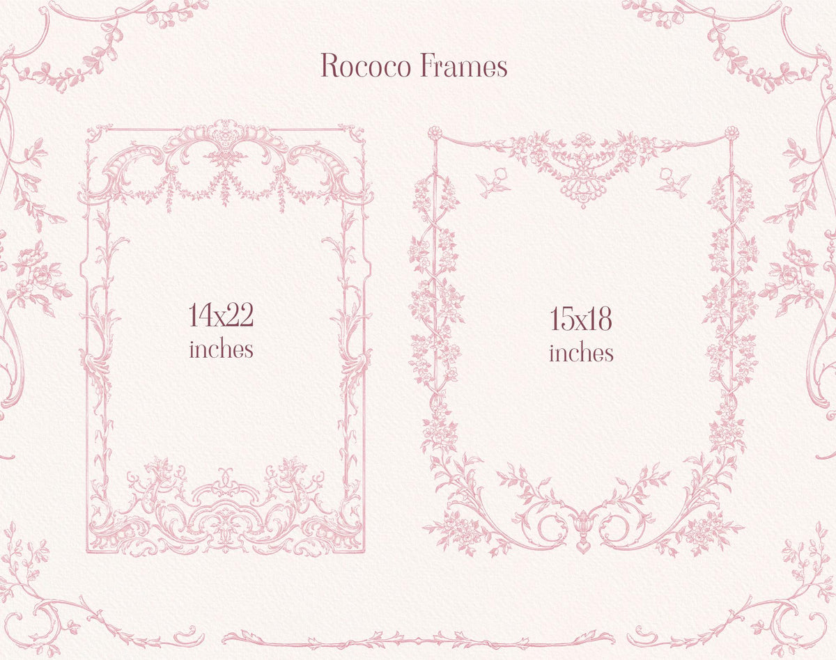 Two pink Rococo floral frames displayed in tall rectangular and square layouts.