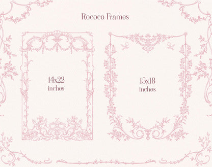 Two pink Rococo floral frames displayed in tall rectangular and square layouts.