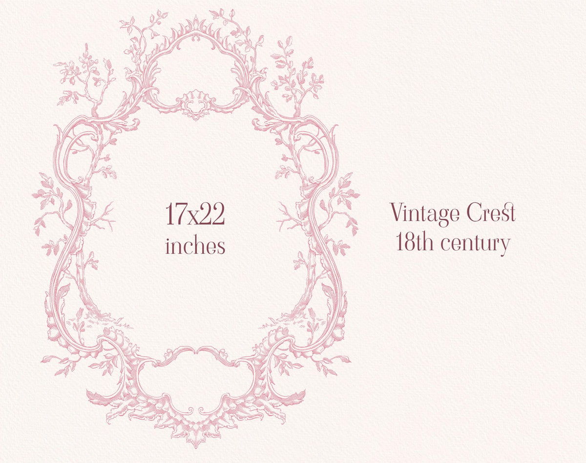 Large pink vintage Rococo crest frame with floral branches and scrolling ornament.