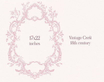 Large pink vintage Rococo crest frame with floral branches and scrolling ornament.