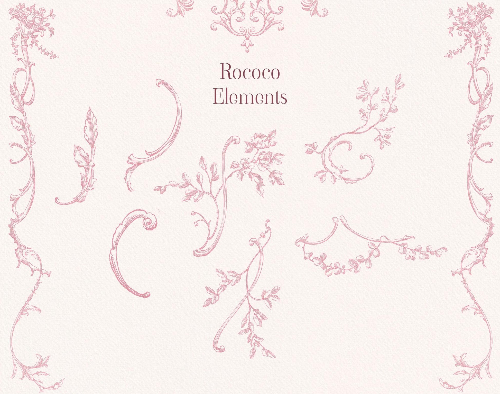 Selection of pink Rococo decorative elements with botanical flourishes and curved line-art details.