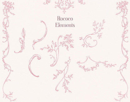 Selection of pink Rococo decorative elements with botanical flourishes and curved line-art details.