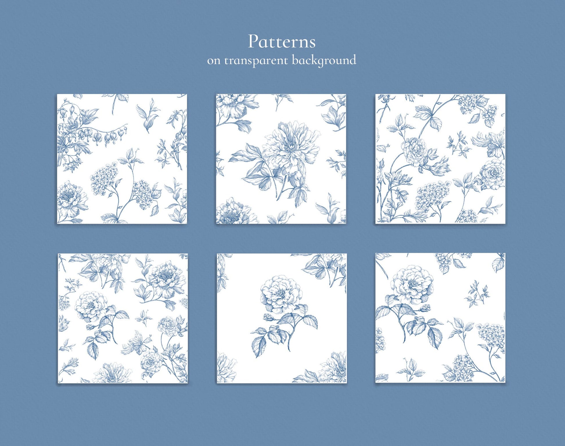Seamless toile pattern variations grid, six blue peony tiles