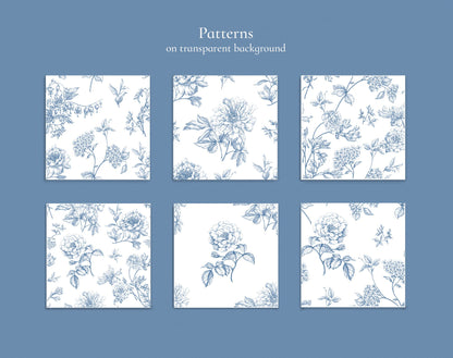 Seamless toile pattern variations grid, six blue peony tiles