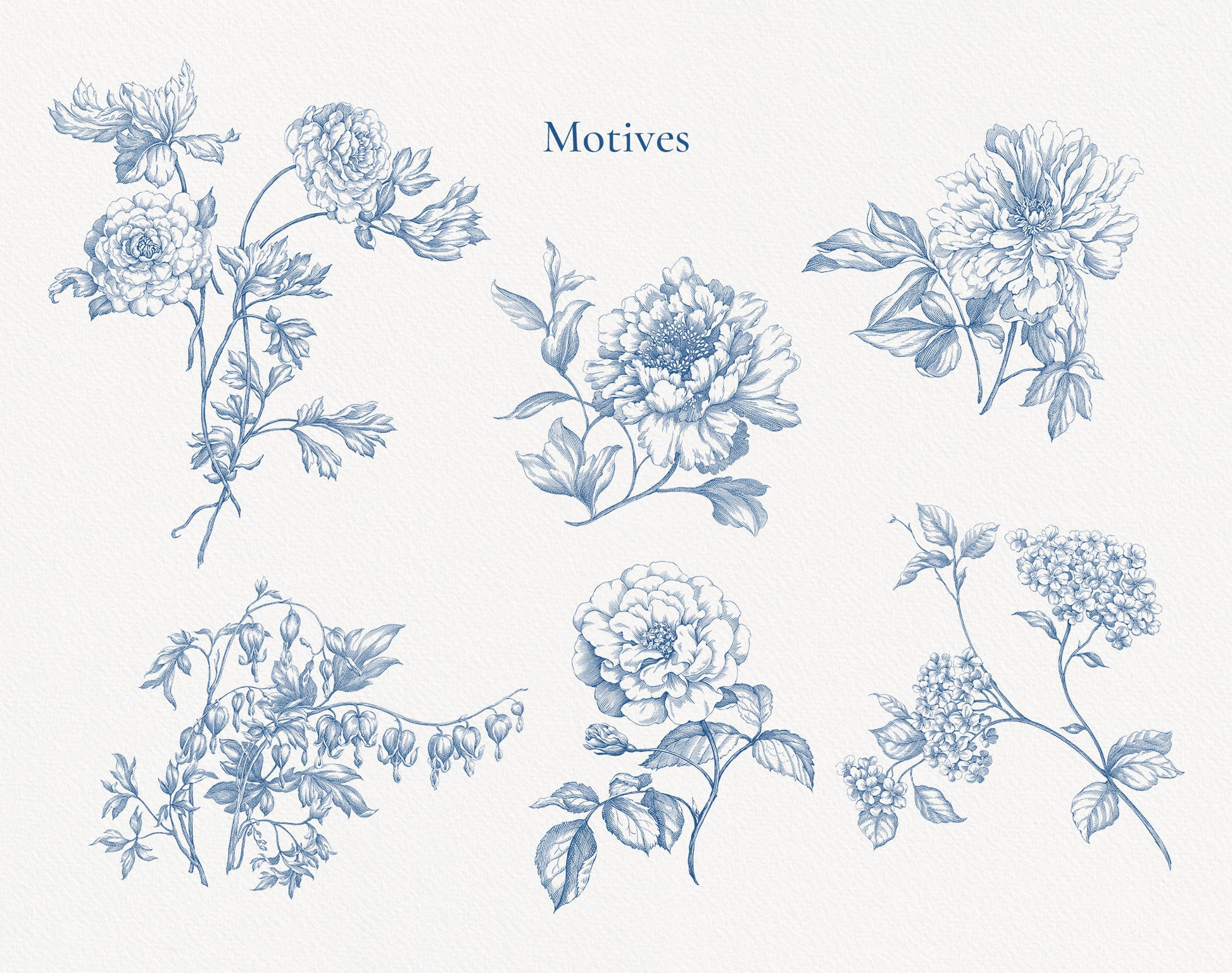 Individual toile motifs: peony and rose stems in blue line art