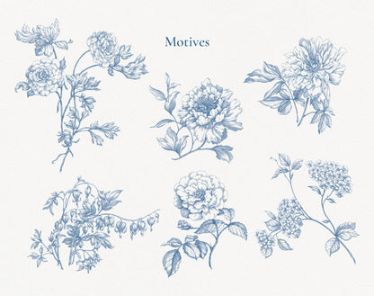 Individual toile motifs: peony and rose stems in blue line art