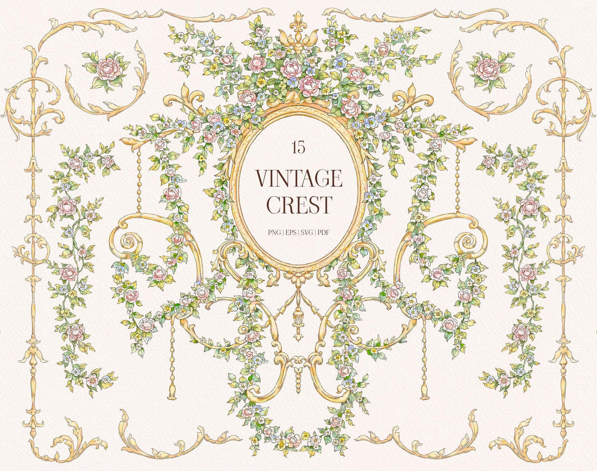 Vintage Floral Crest collection preview with an oval floral frame, climbing rose garlands, gold baroque ornaments, and decorative borders.
