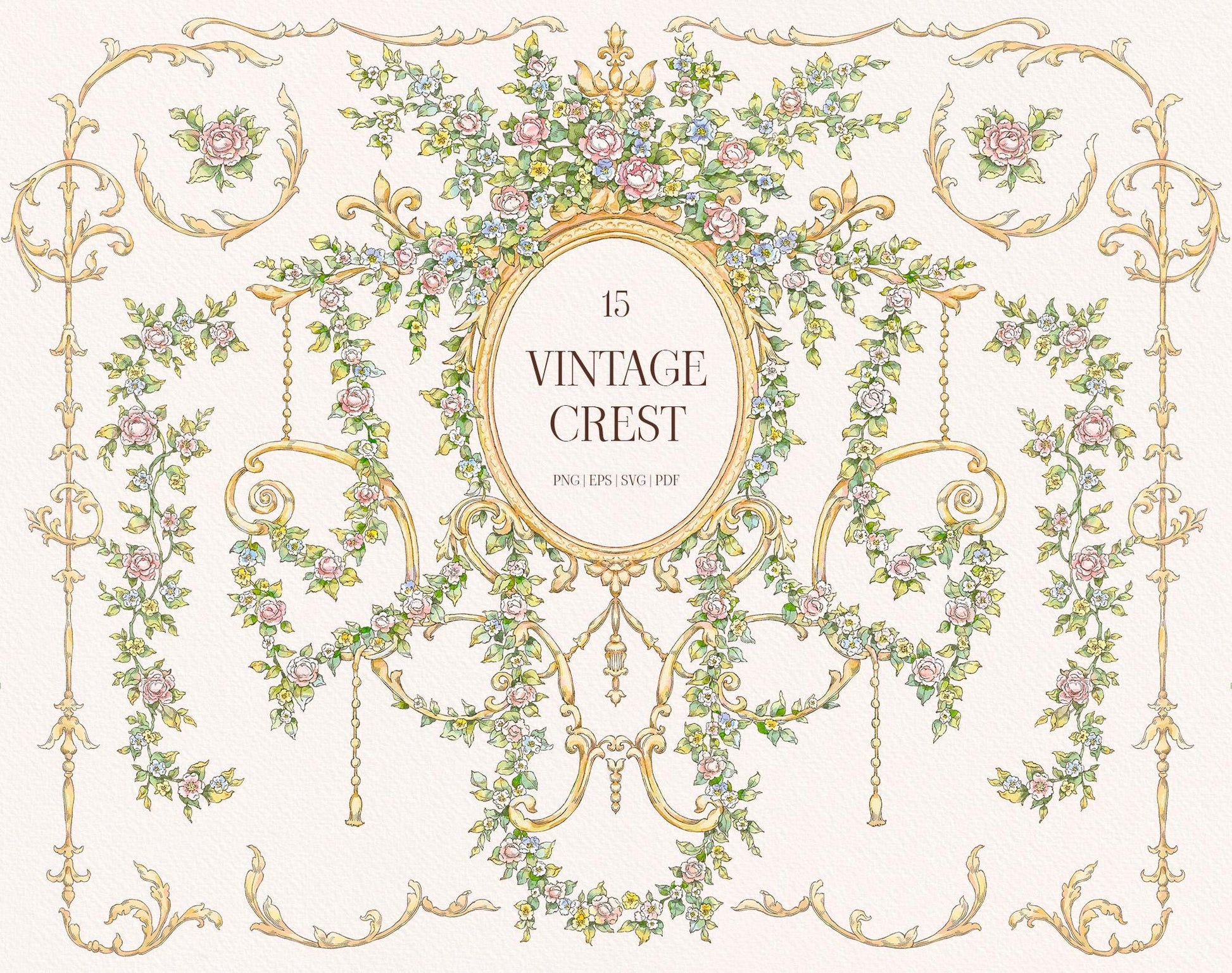 Vintage Floral Crest collection preview with an oval floral frame, climbing rose garlands, gold baroque ornaments, and decorative borders.