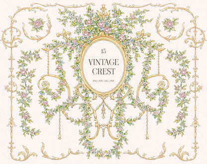 Vintage Floral Crest collection preview with an oval floral frame, climbing rose garlands, gold baroque ornaments, and decorative borders.