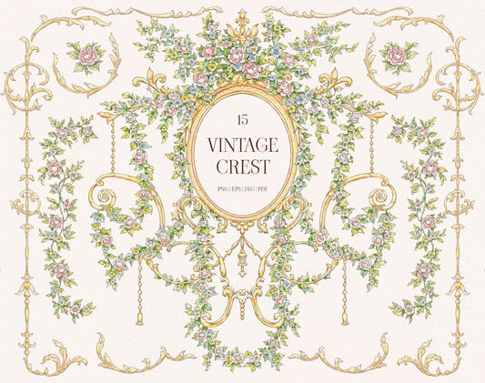 Vintage Floral Crest collection preview with an oval floral frame, climbing rose garlands, gold baroque ornaments, and decorative borders.