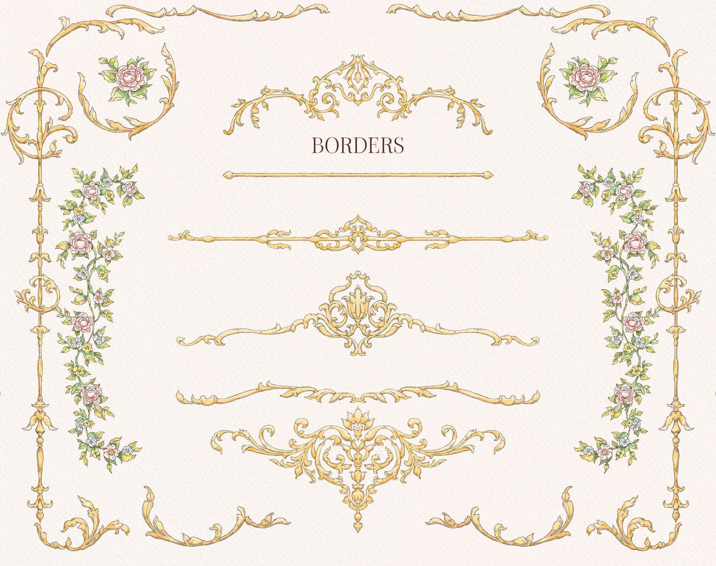 Vintage Floral Crest borders preview showing gold ornamental dividers, floral side borders, corner flourishes, and baroque frames.