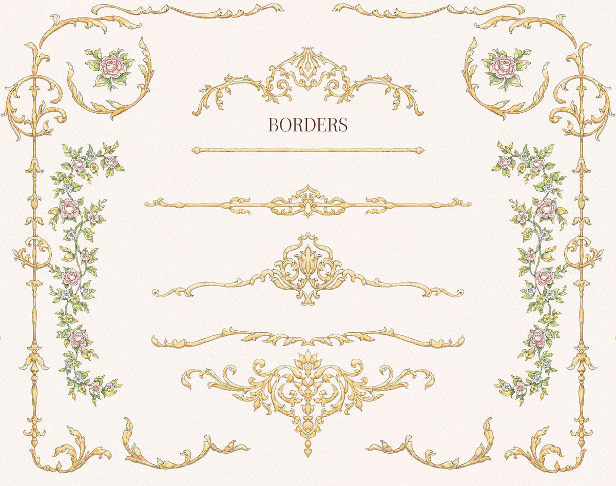 Vintage Floral Crest borders preview showing gold ornamental dividers, floral side borders, corner flourishes, and baroque frames.