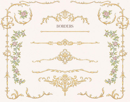 Vintage Floral Crest borders preview showing gold ornamental dividers, floral side borders, corner flourishes, and baroque frames.