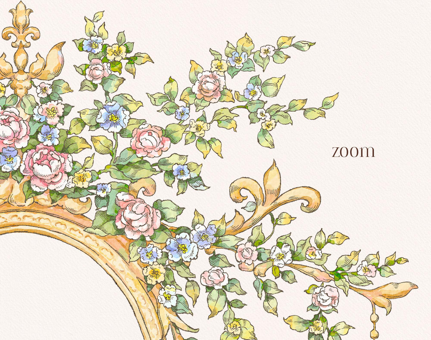Close-up of the floral crest artwork with pink roses, blue flowers, green leaves, and gold ornamental scrollwork.