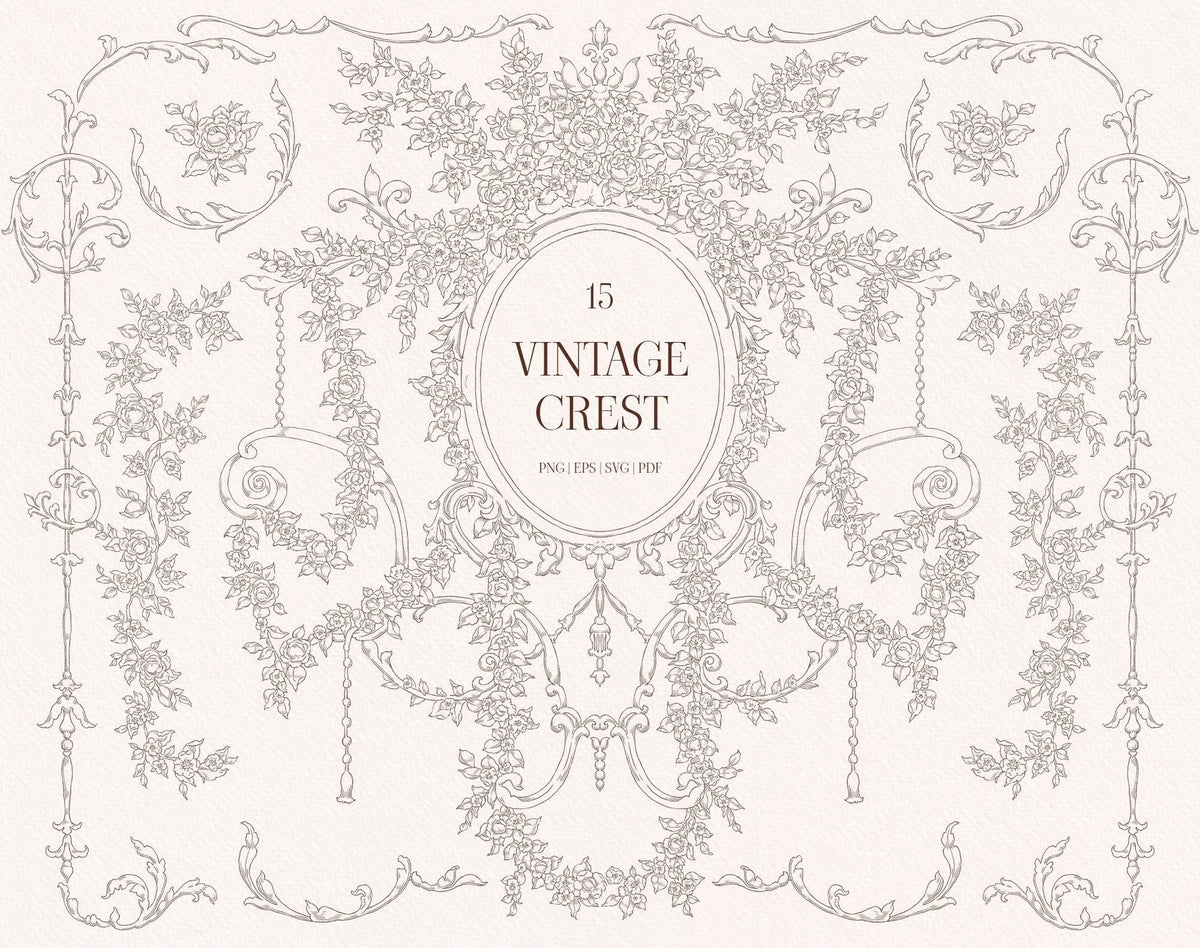 Fine line-art version of the Vintage Floral Crest with an oval frame, floral garlands, and decorative border elements.