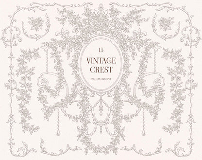 Fine line-art version of the Vintage Floral Crest with an oval frame, floral garlands, and decorative border elements.